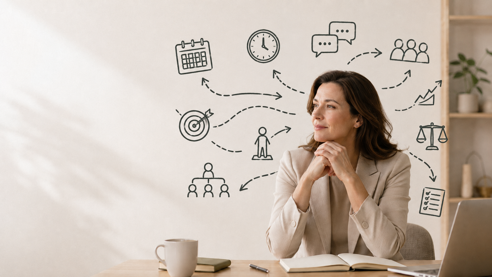 Femme en réflexion entourée d'icônes symbolisant ses objectifs, son temps et son équilibre professionnel
